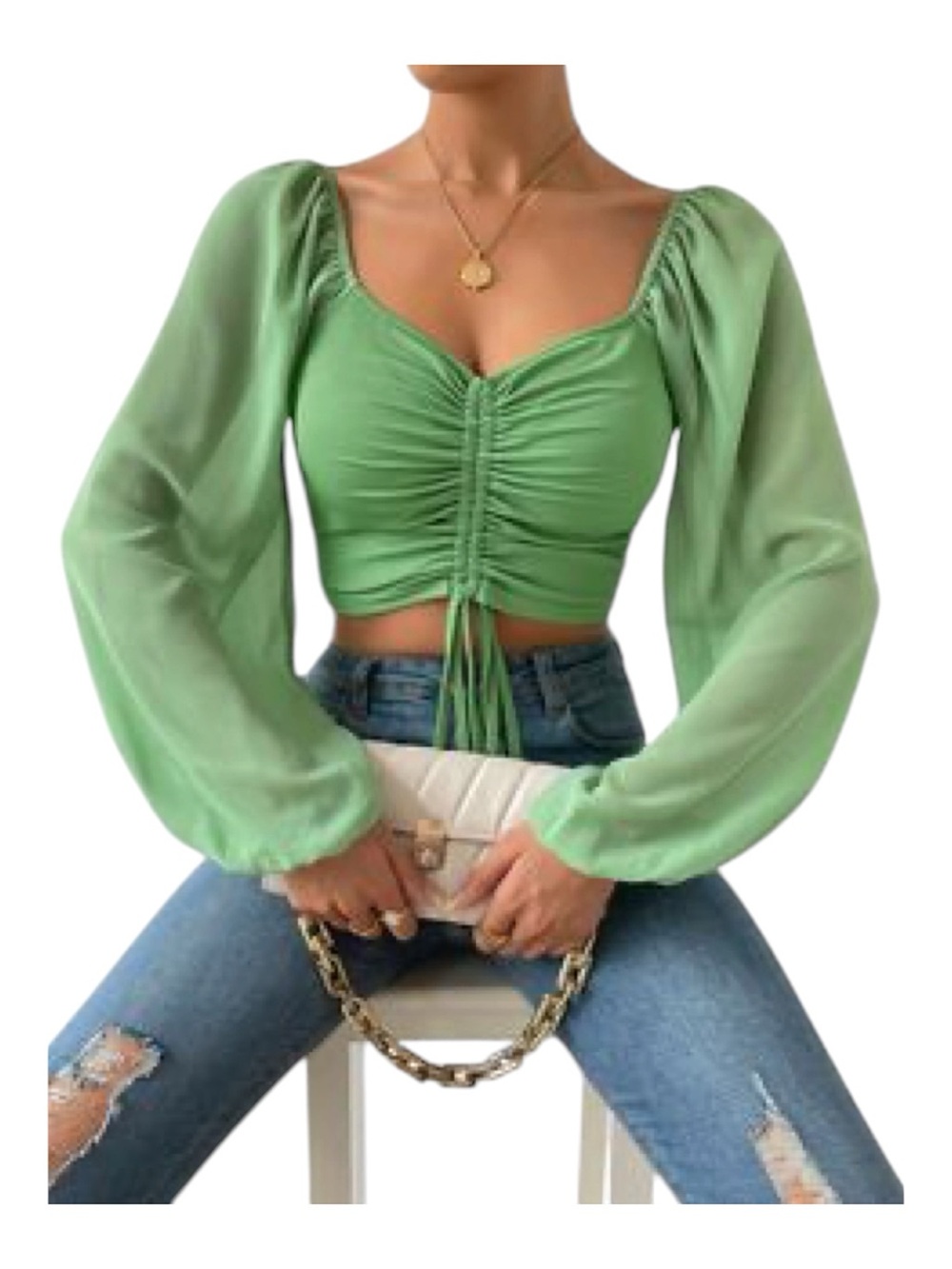 💚NWOT Amazon Women’s Green Ruched Tie Sheer Balloon Sleeves Crop Top Blouse | M